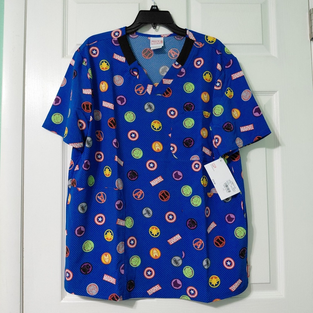 Marvel Avengers Scrub Top Multicolor Medical Dental Veterinarian Size L Blue